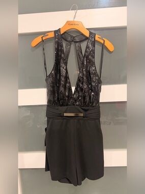bebe Black Sequin Benson Romper with Metallic Waist Accent